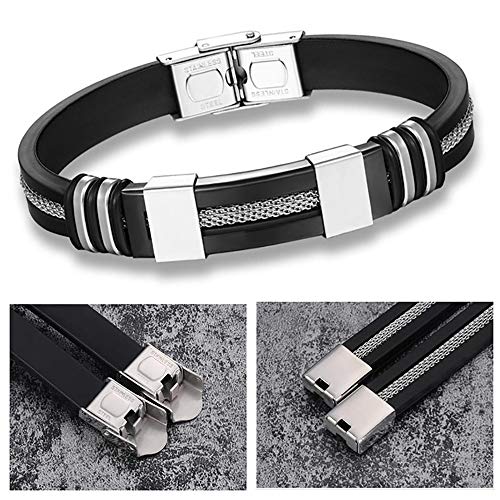 Suyi Pulsera Ajustable De Los Hombres Pulsera De Silicona Brazalete De Acero Inoxidable Black