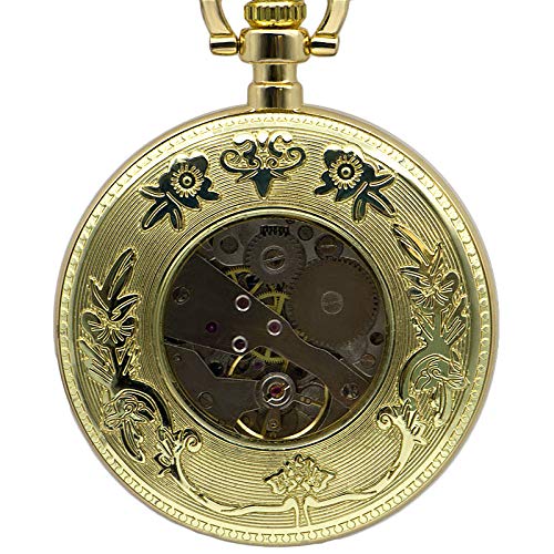 SUZHENA Reloj de Bolsillo Tren de Cara Abierta Dial Grande Números Romanos Reloj de Bolsillo Esqueleto mecánico Reloj de Cuerda Manual Steampunk, SIN Caja