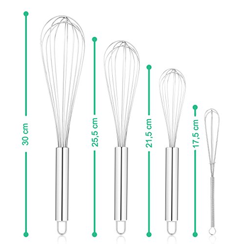 SveBake 4 Batidor Set - Varilla para Batir Manual de Acero Inoxidable, Balloon Whisk Batidora, 18,5 cm + 21 cm + 27 cm + 30 cm