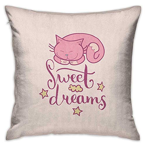 Sweet Dreams Square Divertida funda de almohada Dormir Gato de dibujos animados con estrellas Nubes sobre un fondo en colores pastel Rosa pálido Rosa seco Rosa Fundas de cojines Fundas de almohada par