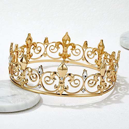 SWEETV Medieval Imperial Cristal Corona del Rey Tiara de los Hombre para la Celebración, Dorado