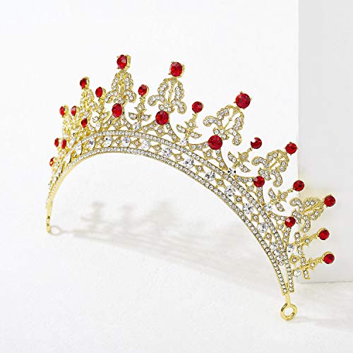 SWEETV Vendimia Real Boda Fiesta Prom Tiara Diadema Corona CZ Cristal Nupcial Tocado, Dorado+Rojo Rubí