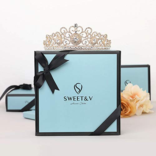 SWEETV Vendimia Real Boda Fiesta Prom Tiara Diadema Corona CZ Cristal Nupcial Tocado, Dorado+Rojo Rubí