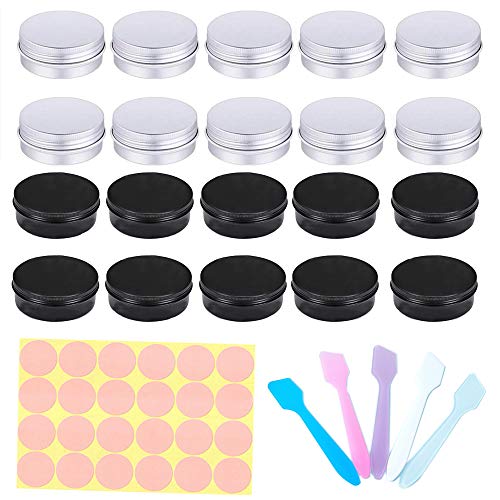 Sweieoni 20Pcs Latas de Aluminio Redondo, Tarros De Aluminio ， Envase Cosmético, con Tapa de Rosca - Ideal para Almacenar Pequeñas Cosas, 20ML+ 24 Etiqueta + 5 Raspador pequeño (Negro y Plata)