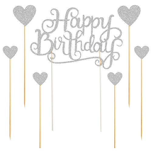 Sweieoni 38 Piezas Decoración para Tartas de Cumpleaños, Happy Birthday Cake Topper, para Cumpleaños, Decoración de la Torta del Banquete de Boda, Amor Corazón y Pentagrama (Oro y plata)