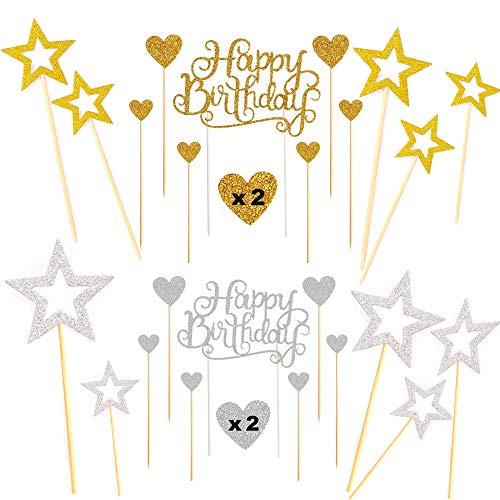 Sweieoni 38 Piezas Decoración para Tartas de Cumpleaños, Happy Birthday Cake Topper, para Cumpleaños, Decoración de la Torta del Banquete de Boda, Amor Corazón y Pentagrama (Oro y plata)