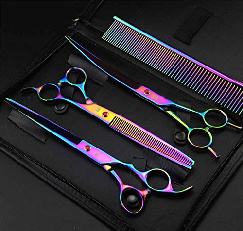 SXFXZ Perro Colorido del Gato Pet Grooming Tijeras 3 Piezas Set Profesional Trimmer Kit 8.0 Pulgadas 440C de Acero de Belleza de Corte Rectas y Curvas para entresacar Tijeras y peines