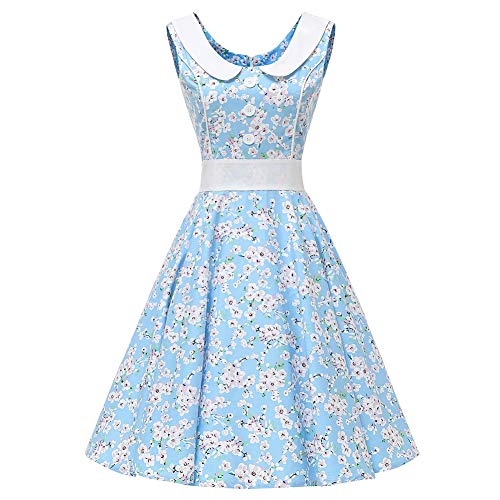 SXSHUN Vestido Retro Años 50 para Mujeres Vestido Vintage Rockabilly Polka Vestido Años 60 sin Mangas Cuello Redondo, Azul/Sakura, L