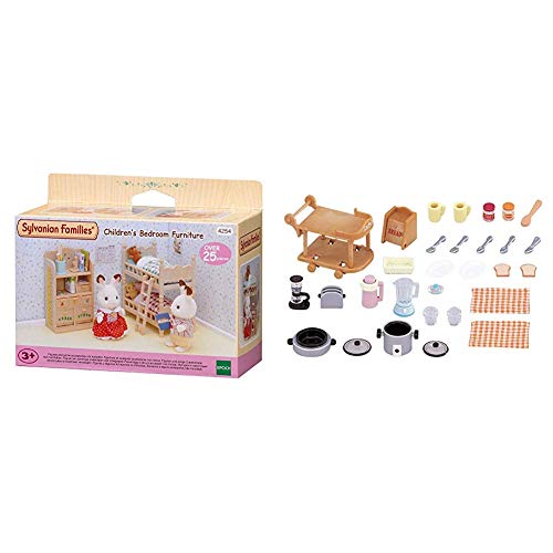 SYLVANIAN FAMILIES Children's Bedroom Furniture Mini muñecas y Accesorios, (Epoch para Imaginar 4254) + Animales Set Utensilios para Cocina (Epoch para Imaginar 5090)
