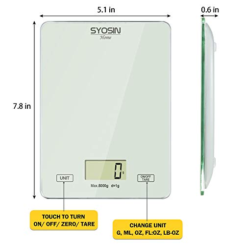 SYOSIN Báscula de Cocina Digital con Pantalla LCD Báscula de Alimentos con Vidrio Templado para cocinar y Hornear Báscula eléctrica para Alimentos de 5 kg / 11 LB Báscula de Cocina precisa