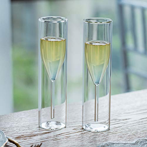 Sziqiqi Vasos a Granel de Cristal de Doble Pared con Copas de Champán, Copas de Vidrio Transparente Sin Tallo y Copas de Tulipanes Clásicos para Comidas, Bodas, Bares, Doble Pared