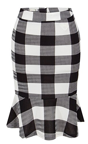 SZIVYSHI Bajo de Volante Volantes Midi a Media Pierna Bodycon de Tubo Ajustado Lápiz Fishtail Mermaid Cola Falda Negro Plaid Tartan Guinga Check Cuadros 2XL