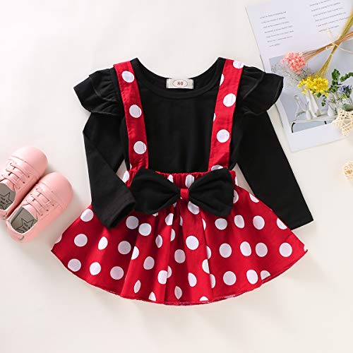 T TALENTBABY Conjunto de Top de Falda para niñas pequeñas y bebés recién Nacidos con Volantes Top de Cuadros Lisos Falda de Lunares de Bowknot Negro Rojo, 12-18 Meses