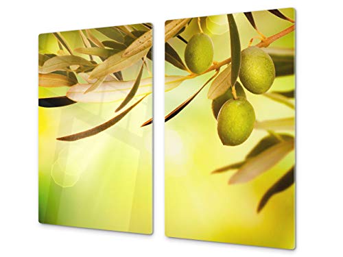 Tabla de cocina de vidrio templado - Tabla de cortar de cristal resistente – Cubre Vitro Decorativo – UNA PIEZA (60 x 52 cm) o DOS PIEZAS (30 x 52 cm); D07 Frutas y verduras: Aceituna 2