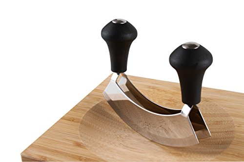 Tabla de cortar de bambú para hierbas aromáticas con cuchillo de media luna de 20 x 20 x 1,5 cm, tabla de cortar con cuchillo de media luna, cuchillo basculante