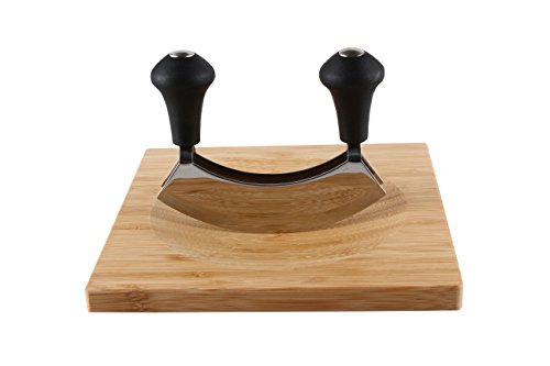 Tabla de cortar de bambú para hierbas aromáticas con cuchillo de media luna de 20 x 20 x 1,5 cm, tabla de cortar con cuchillo de media luna, cuchillo basculante