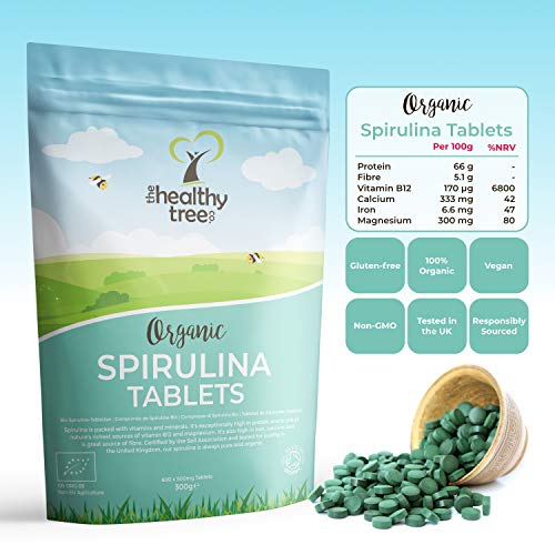 Tabletas de Espirulina Orgánica de TheHealthyTree Company - Vegano, Alta en Vitamina B12, Proteína, Magnesio, Hierro y Calcio - Espirulina Pura Certificada por el Reino Unido, 600 x 500 mg (300 g)