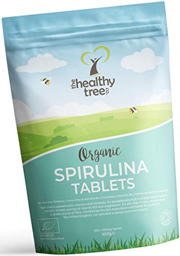 Tabletas de Espirulina Orgánica de TheHealthyTree Company - Vegano, Alta en Vitamina B12, Proteína, Magnesio, Hierro y Calcio - Espirulina Pura Certificada por el Reino Unido, 600 x 500 mg (300 g)