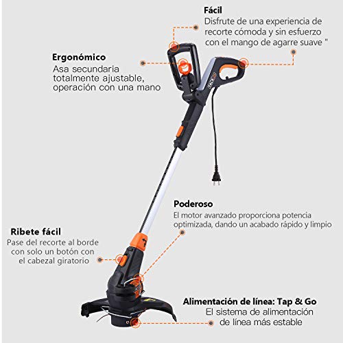 TACKLIFE Cortabordes Eléctrico, 600W, 30cm de Diámetro de Corte, Cabezal de Corte Inclinable de 180°, Tap&Go Avance Controlado del Hilo, Rueda de Guía -GGT1A