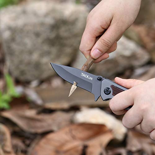 TACKLIFE FK01 Cuchillo Plegable Avanzado, Navaja de Acero Inoxidable de Bolsillo, con Mango de Metal y Madera, Diseño Elegante y Distintivo