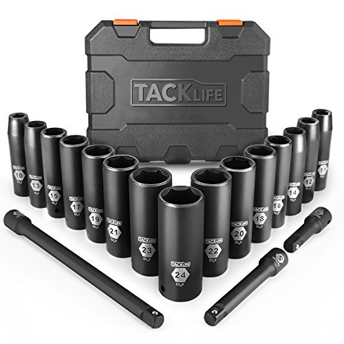 TACKLIFE Juego de Llaves de Vaso de Impacto Profundo de 1/2 de Pulgada Profesionales, 18 Piezas, Vaso de Impacto, Máximo 6 Puntos torque, de Cromo Vanadio Adecuado, para Maquinaria Grande - HIS1A