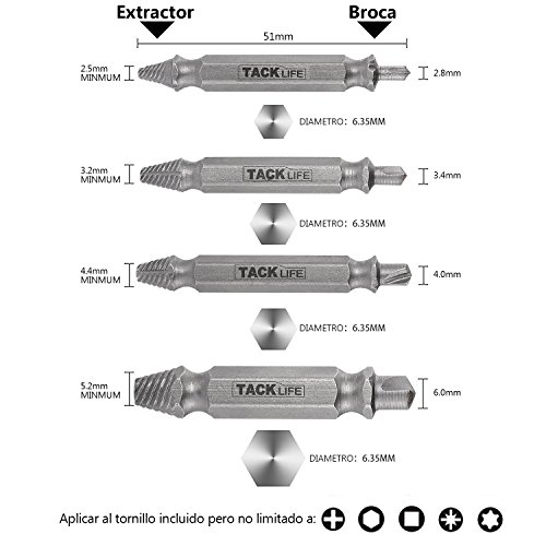 TACKLIFE SEB04A Extractor de Tornillos, 4 piezas Extractor de Tornillos con Estuche, Fabricado en Acero de Alta Velocidad 6542#, Dureza: 63-65HRC