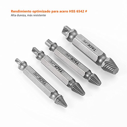 TACKLIFE SEB04A Extractor de Tornillos, 4 piezas Extractor de Tornillos con Estuche, Fabricado en Acero de Alta Velocidad 6542#, Dureza: 63-65HRC