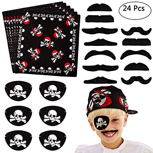 Tacobear 24 piezas Pirata Accesorios Parche Pirata Pañuelo Pirata Bigote Falso para Niños Pirata Fiesta Cumpleaños Party Accesorio