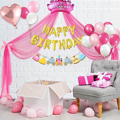 Tacobear Decoracion Cumpleaños Niña con Aluminio Globos de Cumpleaños Banda Pancarta Feliz Cumpleaños Princesa Banner de Papel Globo de Látex Cinta Rosa Tul Decoración para Fiesta Cumpleaños