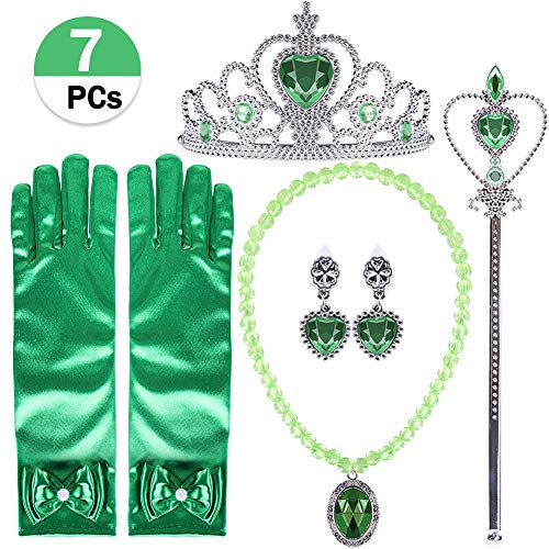 Tacobear Princesa Tiana Disfraz Accesorios Princesa Collar Corona Guantes Pendiente Varita Mágica para niñas Princesa Joyas Cosplay Princesa Disfraz