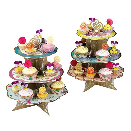 Talking Tables soporte de pastel reversible y vintage ’Ts3’ con detalle floral y 3 niveles.  Solo para los cupcakes y dulces pequeñas. Azul amarillo y rosa. Cartón,