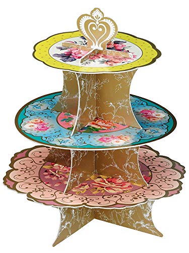 Talking Tables soporte de pastel reversible y vintage ’Ts3’ con detalle floral y 3 niveles.  Solo para los cupcakes y dulces pequeñas. Azul amarillo y rosa. Cartón,