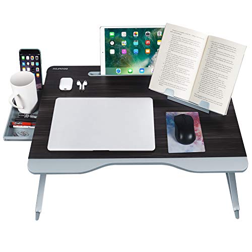 [Tamaño Grande] Mesa Ordenador Cama NEARPOW Mesa Portatil Ordenador con Cajón y Soporte de Libros Mesa Plegable Cama para Estudiar Comer Pintar(Negra)