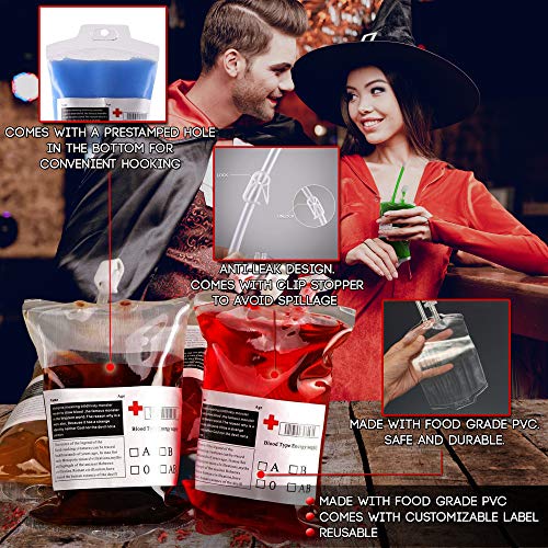 Tamaño para Fiesta Grande - 10 Bolsas de Transfusión de Sangre para Bebidas! - Decoración ideal para fiestas temáticas - Llénalas con tu bebida o coctel favorito - 350ml