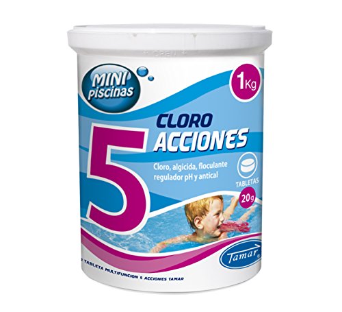 Tamar - Cloro 5 Acciones, Tabletas Multifuncion de 20 grs, Especial para Mini Piscinas, Bote de 1 Kilo.