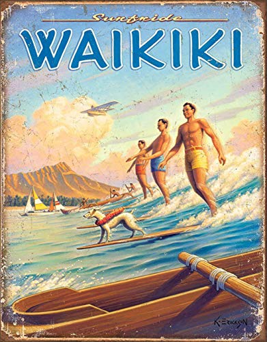 Tamengi Hawaii Waikiki Long Board Surfing Surfside Vintage Tin Metal Sign, 8 in X 12 In Art Decor