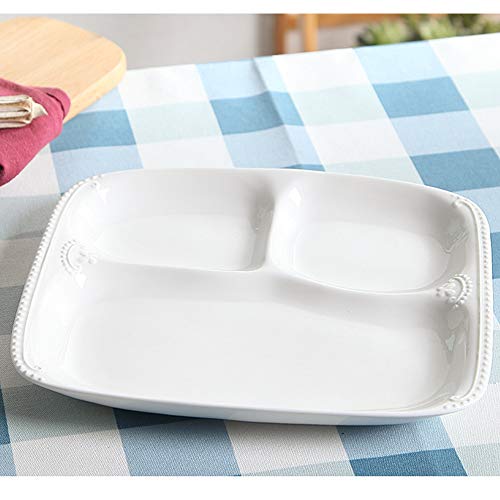 TAMUME Plato De Porcelana Blanca con 3 Compartimentos para una Persona, Bandeja de Comida Rectangular 3-en-1 con Patrón de Abalorios - 10"* 8.5" * 1" Bandejas Para Servir