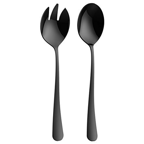 TankerStreet 2PCS Servidores de Ensalada Cuchara y Tenedor de Acero Inoxidable 410 Metal Salad Servers Spoon and Fork Set Cuchara y Tenedor de Pesado Deber para Postre Fruta Picnic Pastel - Negro