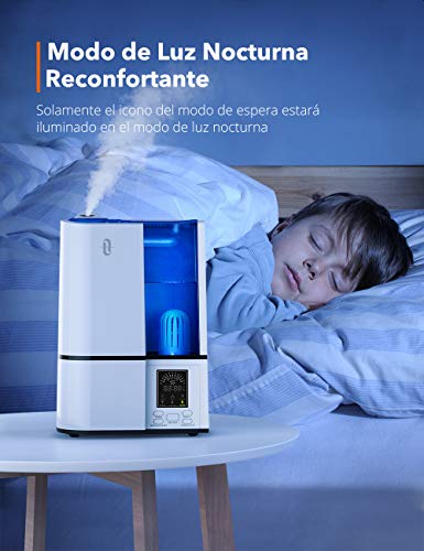 Taotronics Humidificador 4L Bebá(Vapor Frío, Modo de Sueño, 3 Niveles de Humedad Ajustable, Temporizador, Purificador de Agua Incorporado, Luz Nocturna Led) con Boquilla 360º Girable