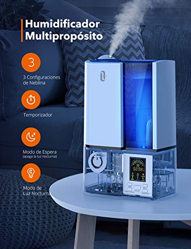 Taotronics Humidificador 4L Bebá(Vapor Frío, Modo de Sueño, 3 Niveles de Humedad Ajustable, Temporizador, Purificador de Agua Incorporado, Luz Nocturna Led) con Boquilla 360º Girable