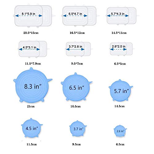 Tapas de Silicona, Tapas de Silicona Elásticas, 12 Tapas de Silicona Ajustables Extensibles Adecuadas para Tazones, Latas, Vasos, etc. - Sin BPA (redonda Blanco, Rectángulo Azul)