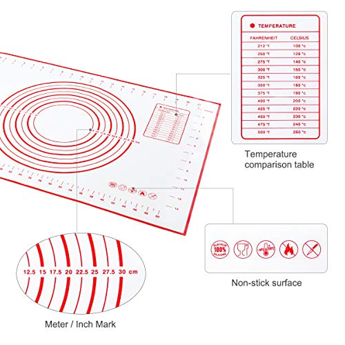 Tapete de Silicona para Hornear y Amasar la Masa, Raspador de Regalo y Cepillo de pastelería, Baking Mat con Medidas, Libre de BPA, para Hacer Fondant Pizza Dough Tarta, 60 x 40 cm