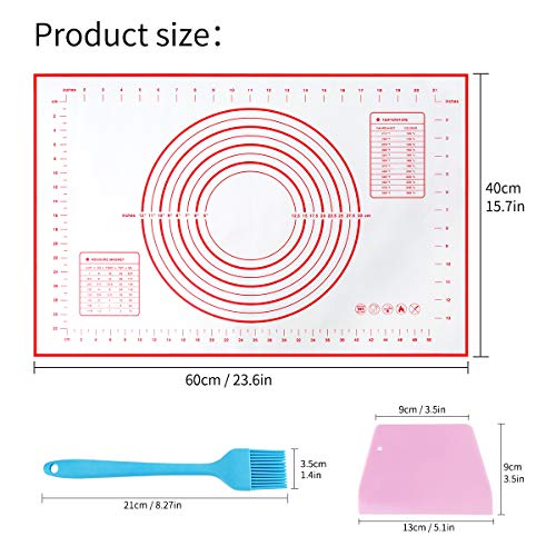 Tapete de Silicona para Hornear y Amasar la Masa, Raspador de Regalo y Cepillo de pastelería, Baking Mat con Medidas, Libre de BPA, para Hacer Fondant Pizza Dough Tarta, 60 x 40 cm