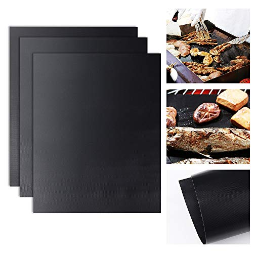 Tapete Parrilla Barbacoa, SenPuSi Set de 3 Estera para Parrilla de Barbacoa Reutilizable Estera Antiadherente con Acabado BBQ Grill Mat Teflón, Carbón Vegetal, Horno y Barbacoas Eléctricas