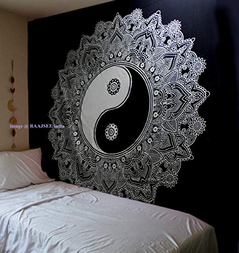 Tapiz Raajsee de algodón indio con diseño de mandala color negra y blanca para colgar en la pared, 220 x 230 cm, algodón, Yin Yang, 220*240