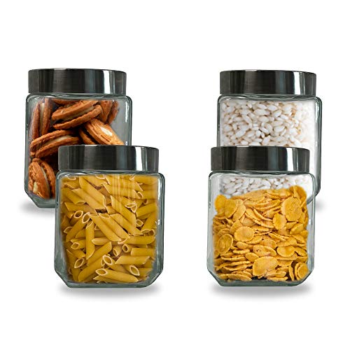 Tarro de Cristal con Tapa - Botes Cristal Cocina - Cierre Acero Inoxidable para Alimentos - Almacenamiento Hermético - Pack de Envases - Tarros - Pasta Galletas Conservas Cereal Despensa (1200ml)