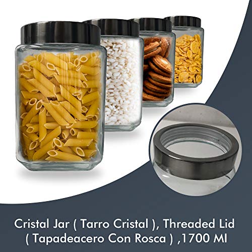 Tarro de Cristal con Tapa - Botes Cristal Cocina - Cierre Acero Inoxidable para Alimentos - Almacenamiento Hermético - Pack de Envases - Tarros - Pasta Galletas Conservas Cereal Despensa (1700ml)