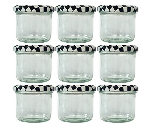 Tarros Botes de cristal Set | cantidad 25 unidades, cantidad de relleno 125 ml, con Tapa de rosca Tapa Color Negro Cuadros | Allrounder mermelada tarros vasos