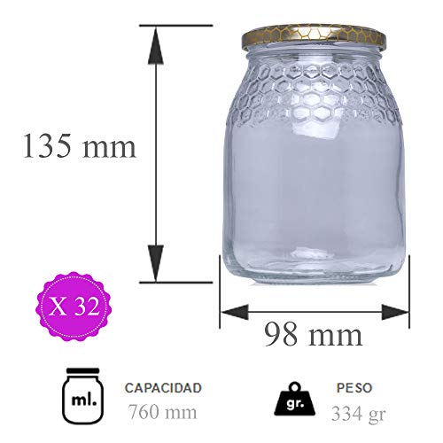 Tarros de Cristal para Miel de 1kg tarros para Miel con Cierre hermético/Pack 32 Unidades para Miel con Tapas Incluidas .Tarro para Miel con Grabado de celdillas en el Vidrio. (32)