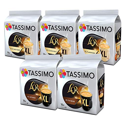 Tassimo Coffee L'OR XL Bundle Cápsulas de Café - L'OR Classique XL & Intense XL - 5 Paquetes (80 Porciones)